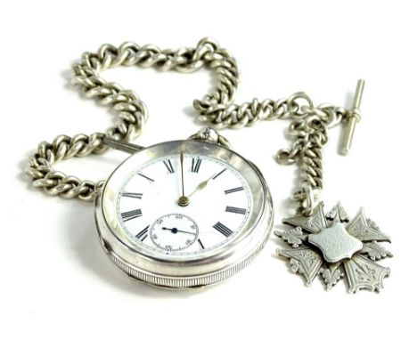 A Continental white metal cased pocket watch, with enamel dial, the case stamped 0-935, with silver chain and fob, 179.4g all