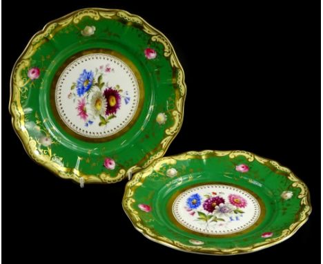 A pair of early 20thC Royal Worcester porcelain plates, each painted with flowers within green and yellow borders, picked out