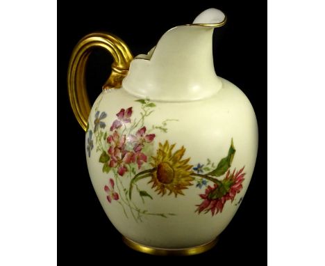 A Royal Worcester blush ivory ground ewer, painted with flowers, printed mark to underside in puce, pattern No. 1094, 17cm H.