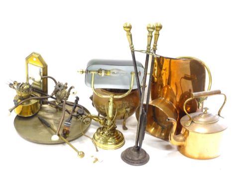 A large quantity of metalware, to include jardiniere's, copper and brass kettle, a coal scuttle, wall mounted oil lamp, a des