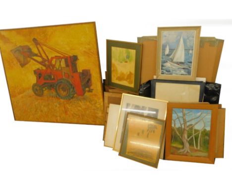 @Mike (20thC). Tractor, oil on canvas, signed and dated 1958, 102cm x 102cm, and other pictures and prints (a quantity).