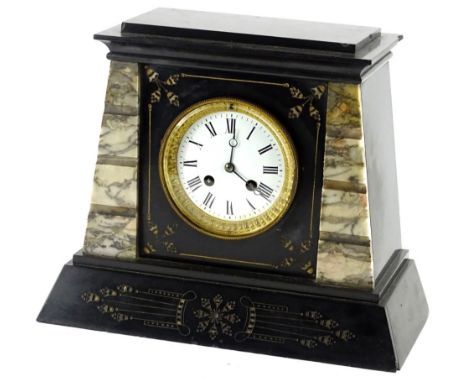 A late 19thC French black marble and slate mantel clock, of tapering form with a white enamel dial, 26cm H.