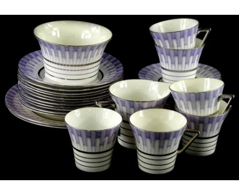 A Windsor China Art Deco part tea service, decorated with geometric designs in purple, within gilt borders. (AF)