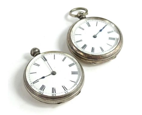 Two silver fob watches, to include a silver fob watch with S and Co movement, and white enamel dial, and a further example (A