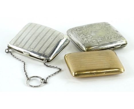 A George V engraved silver purse, with engine turned decoration, 2¼oz gross, a silver plated cigarette case and a brass cigar