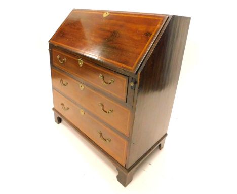 An Edwardian mahogany and satinwood crossbanded bureau, with three drawers on bracket feet, 80cm W.