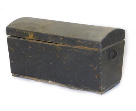 A 19thC ebonised pine dome top trunk, with metal carrying handles. (AF), 103cm W.