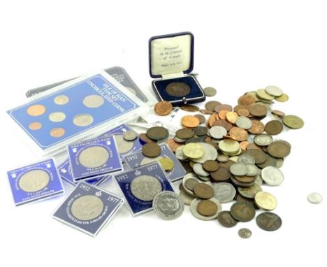 A large quantity of coins etc., to include crowns, First World War Lincoln medallion etc.