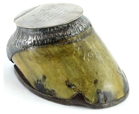 A horse's hoof snuff box, with silver mount, engraved P. &amp; O. First Charger, the property of Captain W Williams, 10th Roy