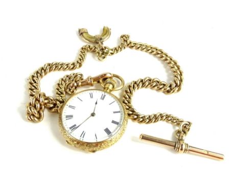 A gold fob watch and chain, with white enamel dial bearing Roman numerals, and black hands, in heavily scrolled and floral an