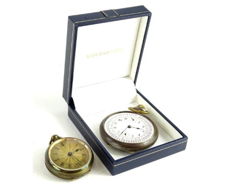 Two watches, comprising a brass fob watch, with Swiss movement and a gun metal chronograph type pocket watch with dial, calib