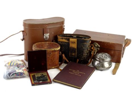 A collection of items, to include binoculars, medal ribbons, American Art Nouveau style plated box and cover, a theodolite et