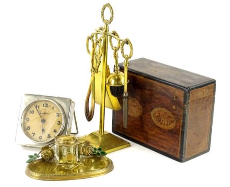 A collection of items, to include a Continental brass inkstand, with green enamel leaves, a large travelling clock in plated 