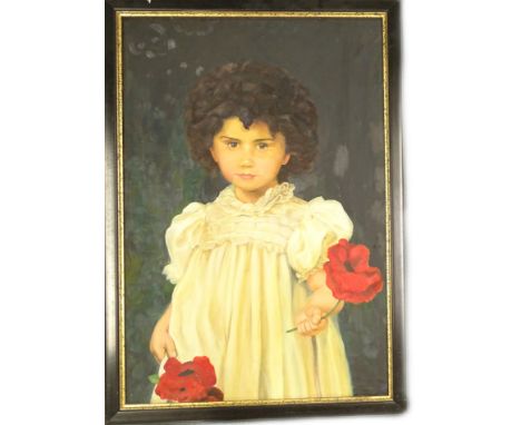 20thC School.  Portrait of a young girl with poppies, oil on board, 77cm x 53cm.