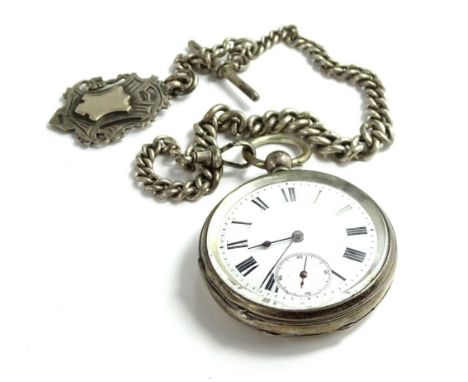 A silver pocket watch, with white enamel dial, marked to interior H Samuel, ungraded 800 silver, with vacant shield shaped ca