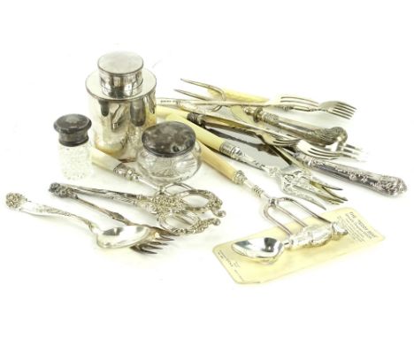 A collection of silver plate etc., to include a Lincoln Imp toasting fork, plated tea caddy, various toasting forks, pickle f