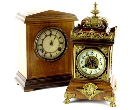 A Continental mahogany case mantel clock, with gilt brass mounts, the enamel dial with Arabic numerals, possibly French, 35cm