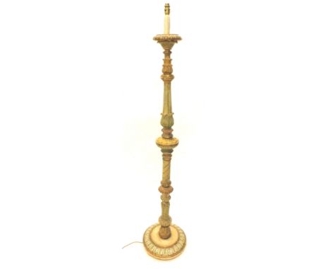 A Continental gilt and polychrome standard lamp, with turned decoration, carved with leaves etc., 166cm H.