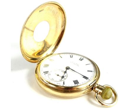 A George V 9ct gold Zenith half hunter pocket watch, with white enamel dial, blue hands and seconds dial, bearing the name W.