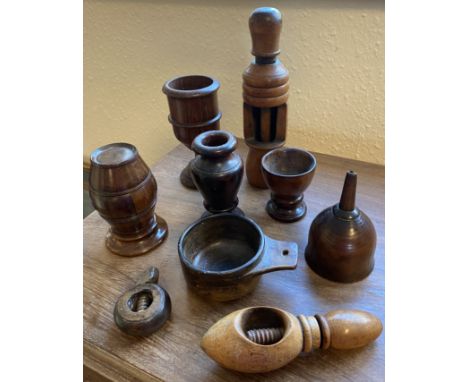 Antique Pieces of Tunbridge Ware &amp; Other Turned Wood Examples inc Nutmeg Grinder, Nutcracker, Goblets etc