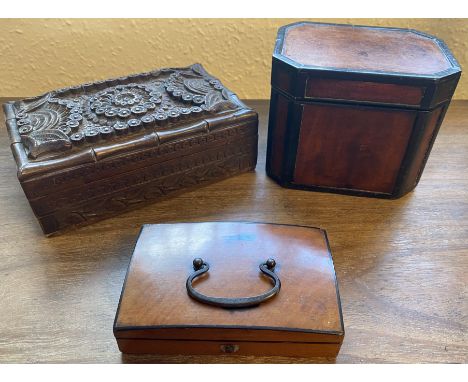Trio of Antique Boxes inc Carved Indian Tobacco/Tea Caddy
