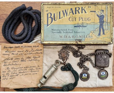 James Smith's Army Military service items, mostly Silver, inc his Mounted Military Police Whistle, Silver Inter-Regiment Foot