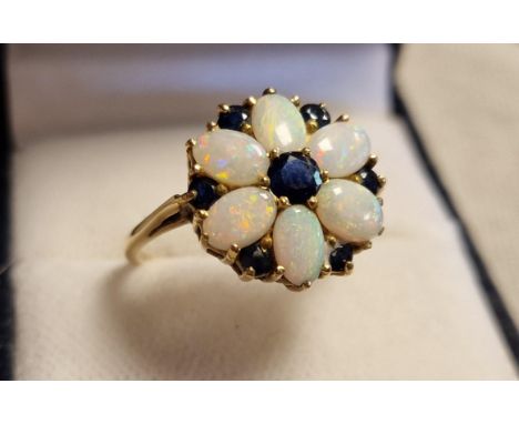 9ct Gold, Opal &amp; Sapphire Cluster Ring, size P+0.5 &amp; 2.95g