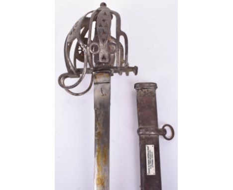Early 20th- Century Scottish Basket Hilt Broadsword, plain heavy single edge blade riveted to the reinforced forte, iron hilt