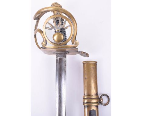 French Cavalry Troopers Sword, slightly curved blade etched Coulaux freres, brass half basket guard with flaming grenade devi