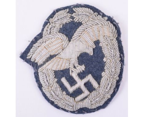WW2 German Luftwaffe Observers Qualification Badge, being a fine bullion wire embroidered padded example as worn on the Germa