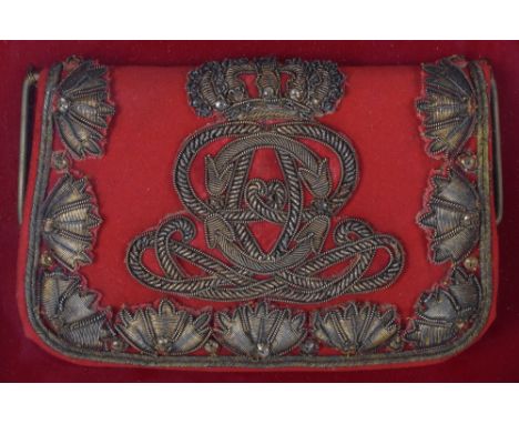 Victorian 7th Queens Own Hussars Officers Full Dress Pouch, bullion embroidered crowned cipher and bullion wire leaves decora