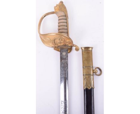 George V Royal Navy 1827 Pattern Officers Sword, brass hilt, lion head pommel, wire-bound fishskin grip; King’s crown above a