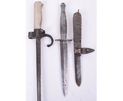 French Lebel Rifle Bayonet, with steel guard, cruciform blade and down turned quillon. No scabbard. Accompanied by a British 