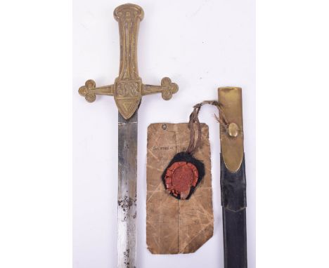 Rare British Sealed Pattern Drummer’s Sword, 1895 pattern. Brass hilt with ‘VR’ monogram; 48cms double-edged blade, slight pi