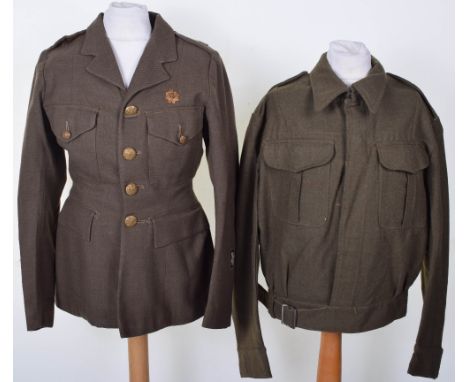 WW2 ATS Service Dress Jacket and Battle Dress Blouse, four pocket serge ATS 1941 pattern jacket with brass RASC collar badge 