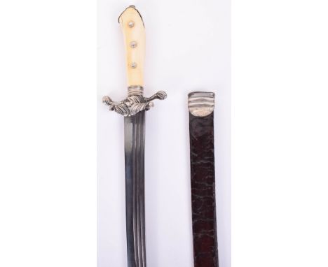 ^ Continental Silver Mounted Hunting Hanger c.1770, slightly curved single edge blade cut with 3 narrow fullers, one piece iv