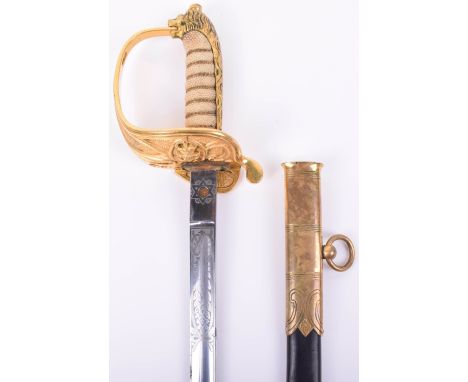 George V Royal Navy 1827 Pattern Officers Sword, brass hilt, lion head pommel, wire-bound fishskin grip; King’s crown above a