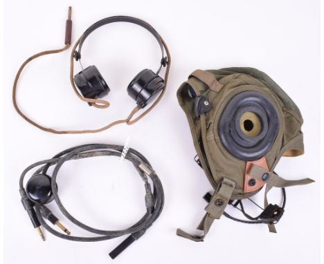 USAF Flight Helmet Inner, in green nylon with rubber ear cups and metal microphone attachment and jack plug. Chamois forehead