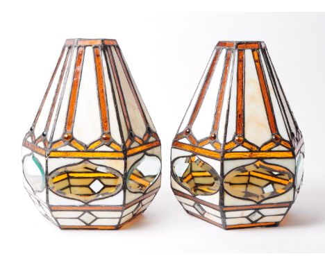 Tiffany Manner - Art Nouveau style stained glass lamp light shades. With coloured glass panels lead lined with bevelled edge 