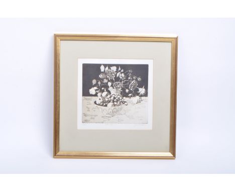 Jennifer Caplan - Late 20th century black and white still life etching of a fruit bowl and a bunch of flowers. Limited editio