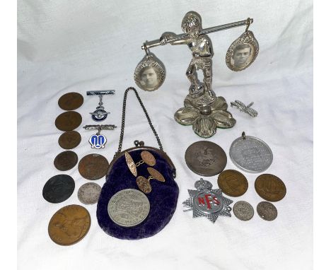 VELVET PURSE OF PRE DECIMAL COINS, COVENTRY MEDALLION, ENAMEL BADGES, AND A CUPID PLATED PHOTO FRAME HOLDER