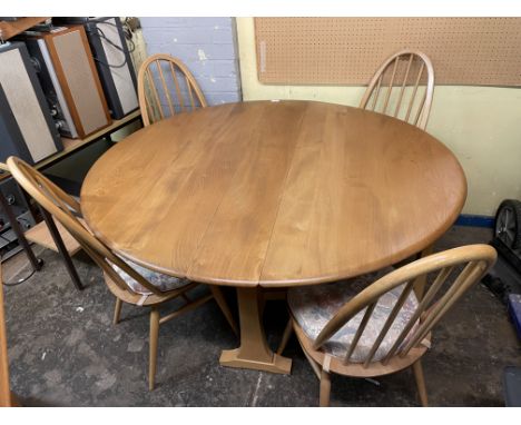 ERCOL MORNING DEW GATE LEG DINING TABLE AND FOUR SPINDLE BACK DINING CHAIRS