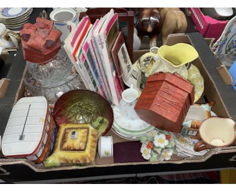 CARTON OF ASSORTED CERAMICS INCLUDING WASH JUG AND BOWL, COTTAGE TEAPOT, SAUCERS, ORDNANCE SURVEY MAPS AND CARDS, ETC