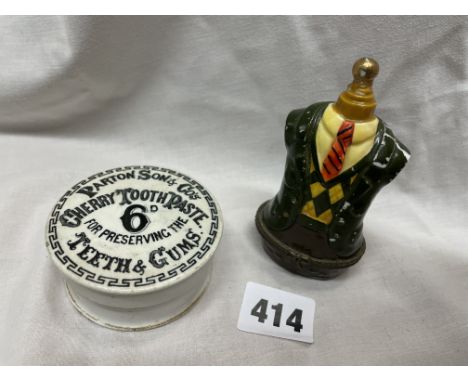 VINTAGE PARTENSONS AND CO CHERRY TOOTHPASTE POT AND AN ENAMEL MANNEQUIN TRINKET BOX 