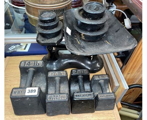 SET OF VINTAGE PAN SCALES WITH TWO SETS OF AVERY WEIGHTS 