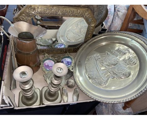 PAIR OF BRASS K NOPPED CANDLE STICKS, FOUR VIKING LONG SHIP WALL PLAQUES, ANTHEMION CANTED EDGED MIRROR