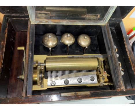 ROSE WOOD AND MARQUETRY EFFECT CASED MUSICAL BOX PLAYING ON THREE BELLS (VIDEO OF ITEM PLAYING AVAILABLE ON REQUEST)