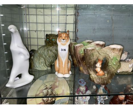 FAUNA POTTERY RABBIT VASES, A POTTERY CAT, VINTAGE CMIELOW POLAND POLAR BEAR AND A LOMONOSOV LYNX FIGURE