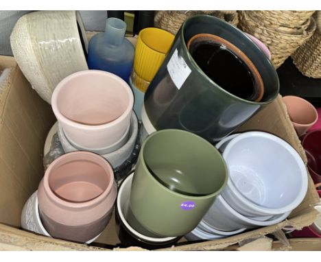 BOX OF ASSORTED CERAMIC AND GLASS PLANTERS AND POTS 