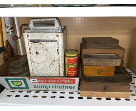 BP SUMP DRAINER, VARIOUS VINTAGE TINS AND WOODEN BOXES